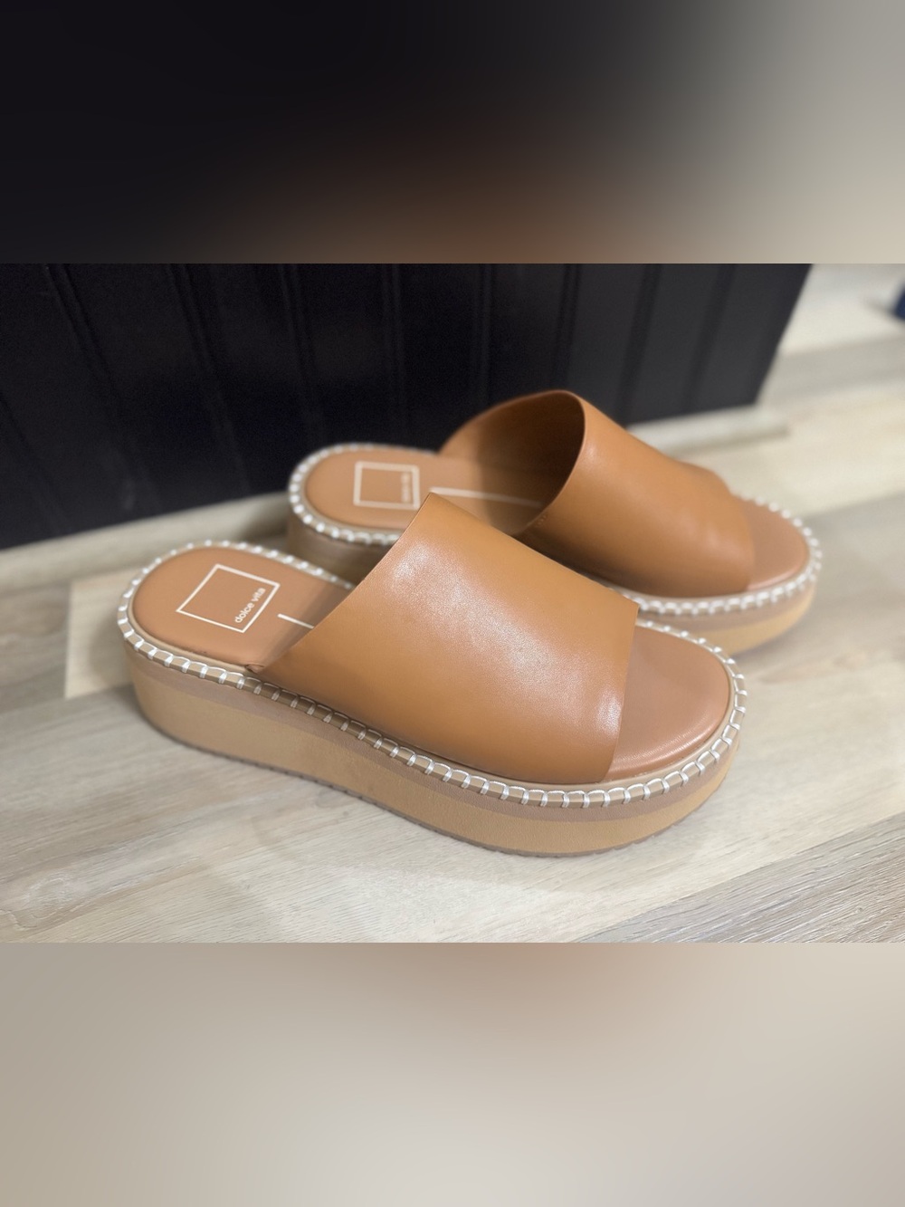 Dolce Vita Cognac Leather Slide Platform Sandals - Women's